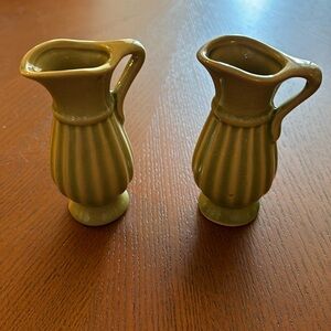 Set of 2 Vintage Stangl 1930s’ Mini-Vase Ribbed Olive Green Mini Pitchers